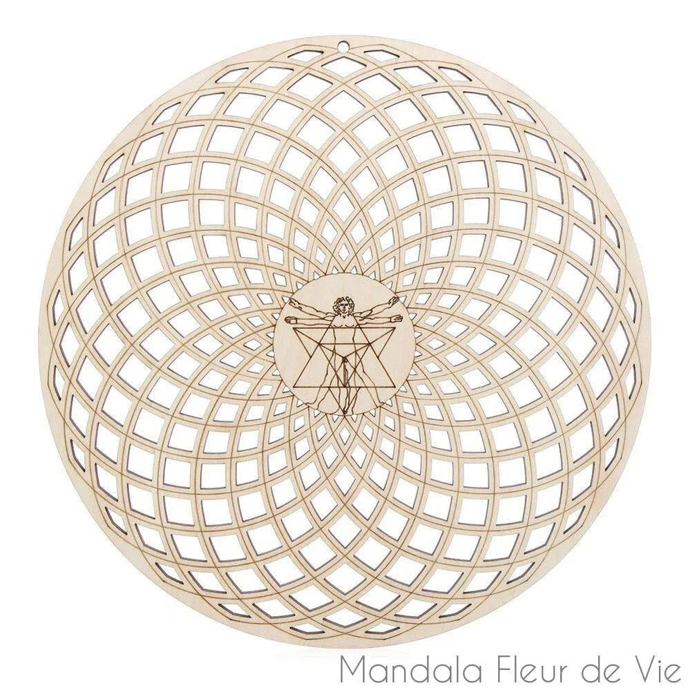 Fleur de Vie en Bois<br>Tore & Homme de Vitruve-30.5 cm - Mandala Fleur de vie