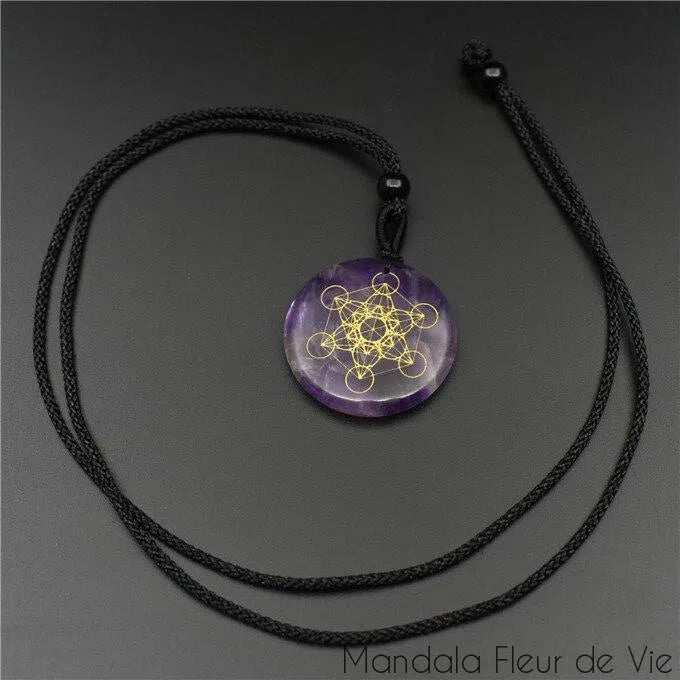 Pendentif Cube de Metatron<br>en pierre naturelle Mandala Fleur de vie