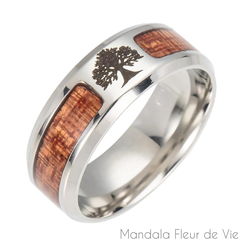 Bague Arbre de Vie en Bois & Acier Inoxydable