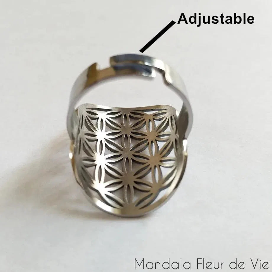 Bague Fleur de Vie  Graine de Vie en acier inoxydable Mandala Fleur de vie