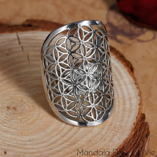 Bague Fleur de Vie en métal Argenté Mandala Fleur de vie