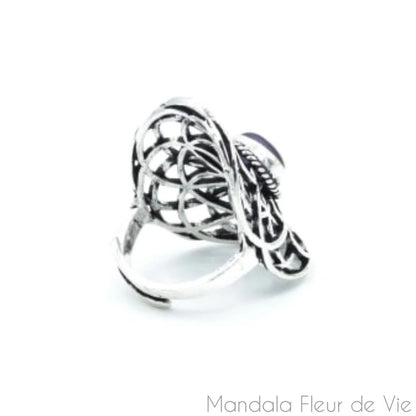 Bague Graine de Vie avec Améthyste - Mandala Fleur de vie