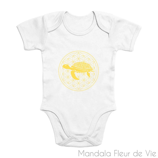 Body Bébé Mandala Fleur de Vie Tortue Jaune Or