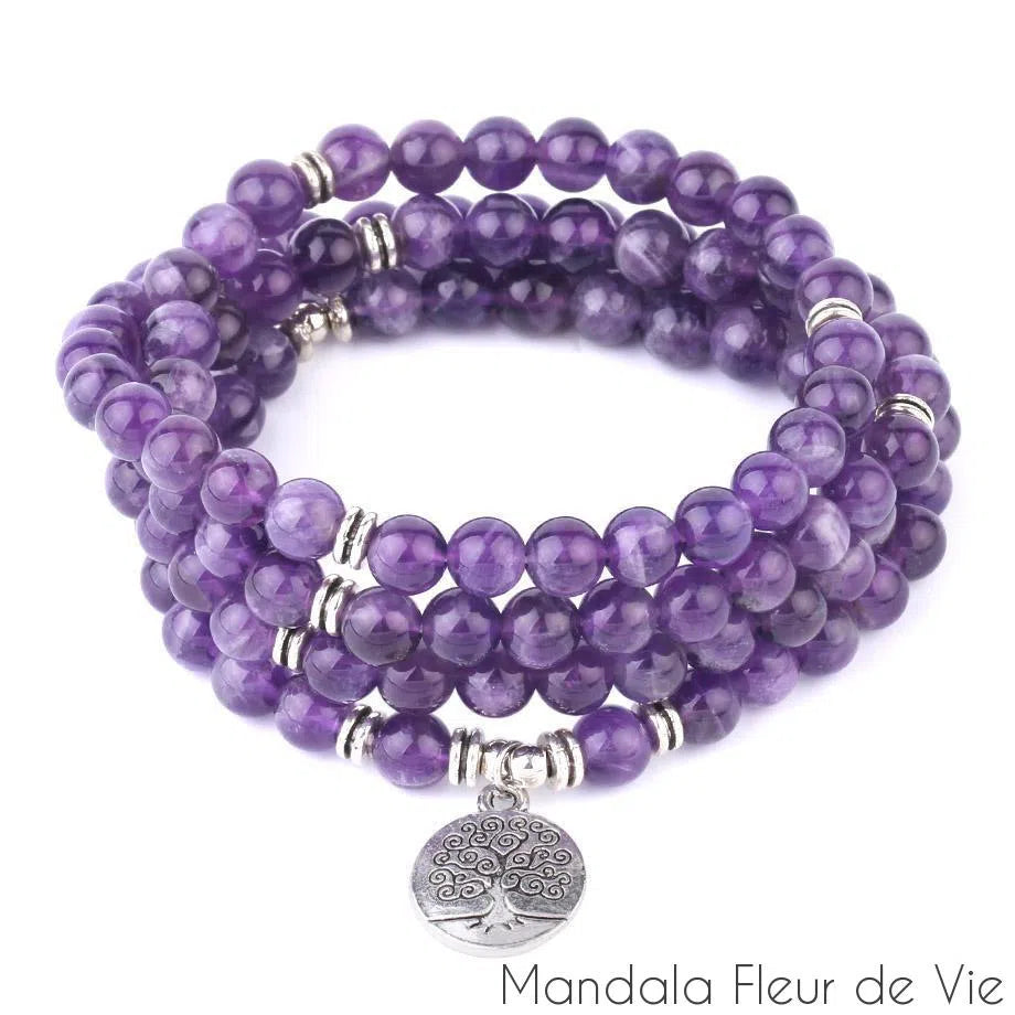 Bracelet Mala Bouddhiste en Améthyste Naturelle Mandala Fleur de vie