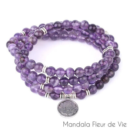 Bracelet Mala Bouddhiste en Améthyste Naturelle Mandala Fleur de vie