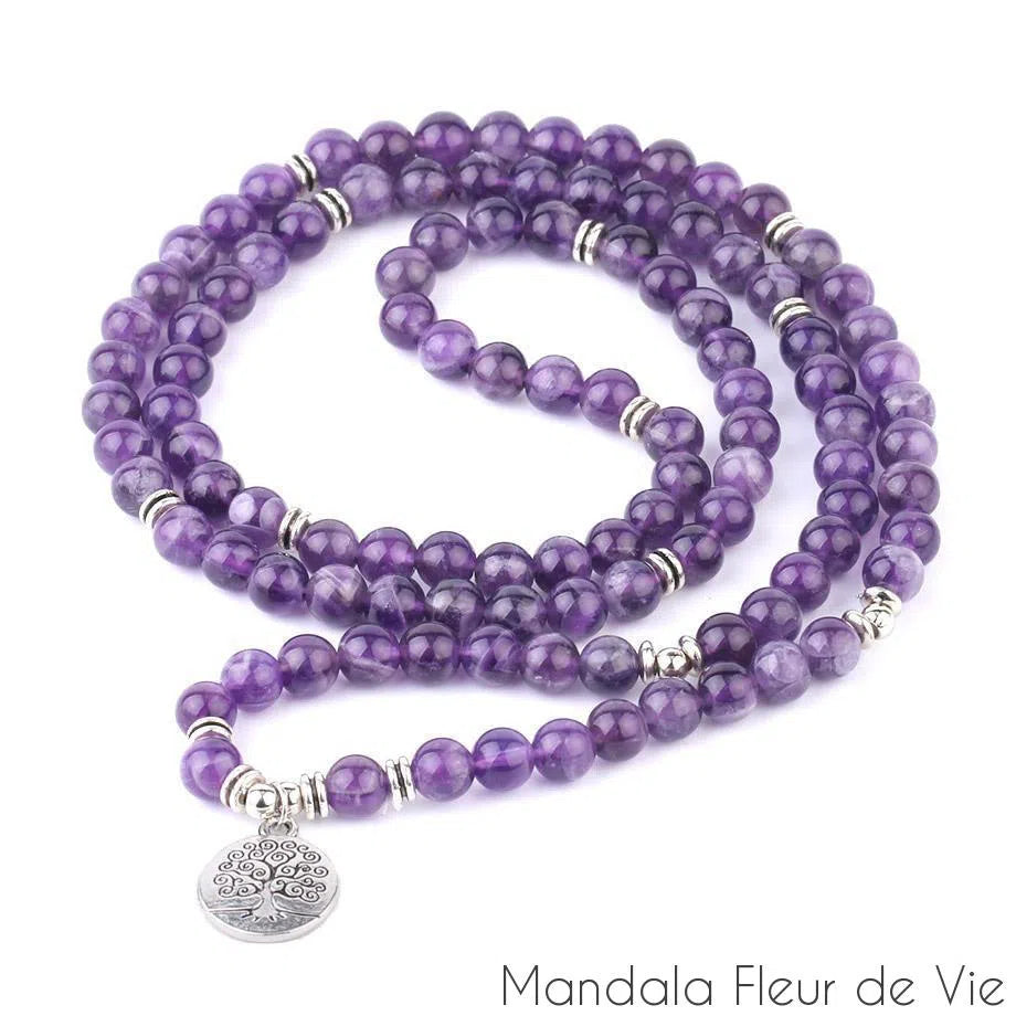 Bracelet Mala Bouddhiste en Améthyste Naturelle Mandala Fleur de vie