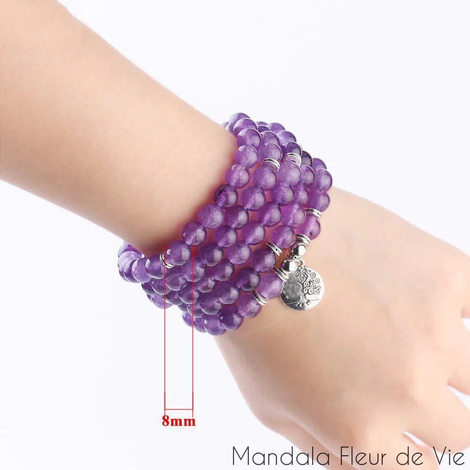 Bracelet Mala Bouddhiste en Améthyste Naturelle Mandala Fleur de vie