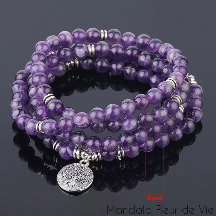 Bracelet Mala Bouddhiste en Améthyste Naturelle Mandala Fleur de vie