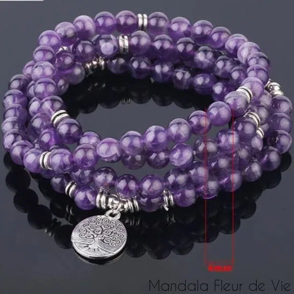 Bracelet Mala Bouddhiste en Améthyste Naturelle Mandala Fleur de vie