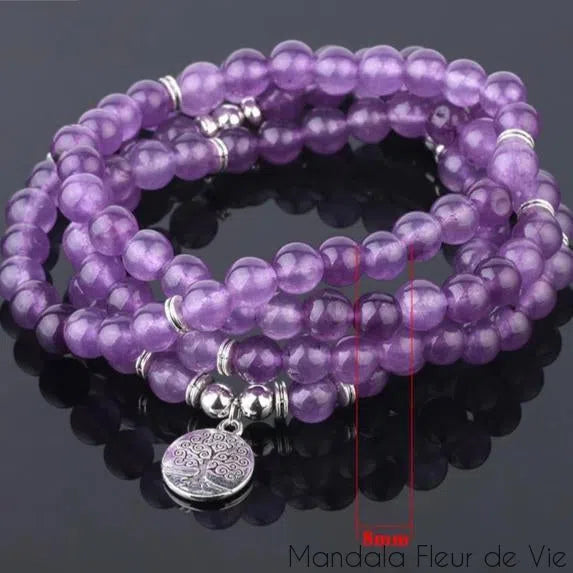 Bracelet Mala Bouddhiste en Améthyste Naturelle Mandala Fleur de vie