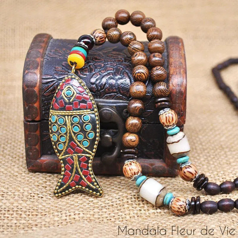 Collier Mala Bouddhiste Tibétain en perles de bois - Mandala Fleur de Vie Mandala Fleur de vie