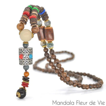 Collier Mala Bouddhiste Tibétain en perles de bois - Mandala Fleur de Vie Mandala Fleur de vie