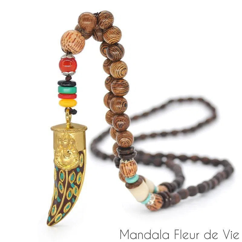 Collier Mala Bouddhiste Tibétain en perles de bois - Mandala Fleur de Vie Mandala Fleur de vie