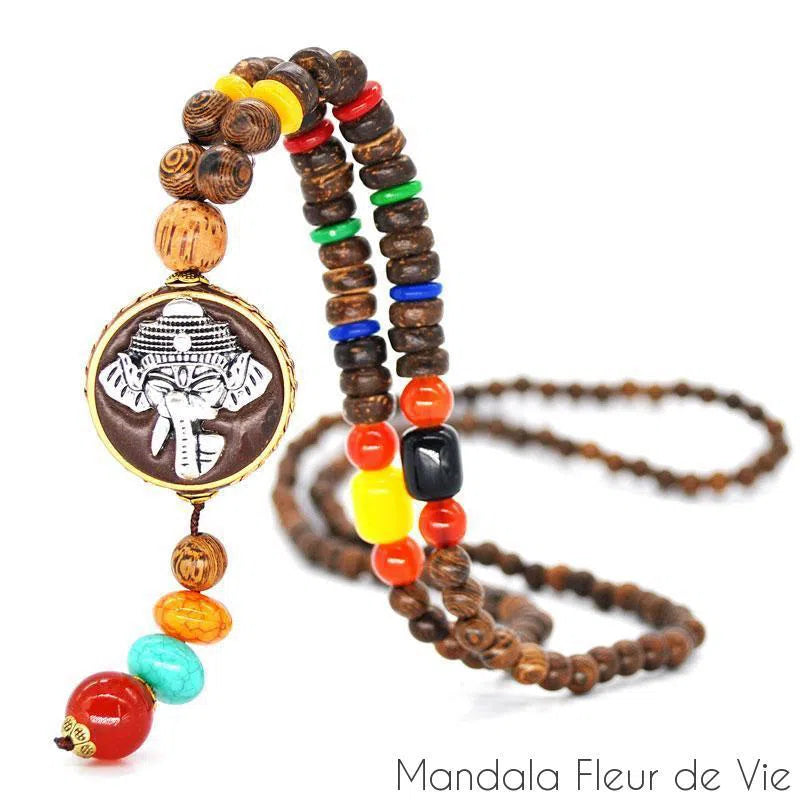 Collier Mala Bouddhiste Tibétain en perles de bois - Mandala Fleur de Vie Mandala Fleur de vie