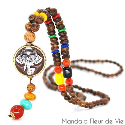 Collier Mala Bouddhiste Tibétain en perles de bois - Mandala Fleur de Vie Mandala Fleur de vie