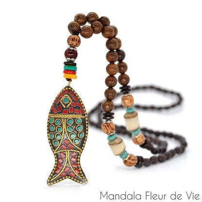 Collier Mala Bouddhiste Tibétain en perles de bois - Mandala Fleur de Vie Mandala Fleur de vie