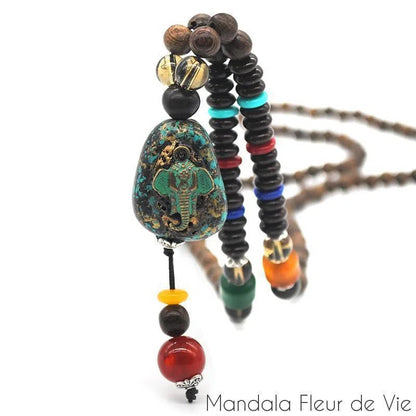 Collier Mala Bouddhiste Tibétain en perles de bois - Mandala Fleur de Vie Mandala Fleur de vie