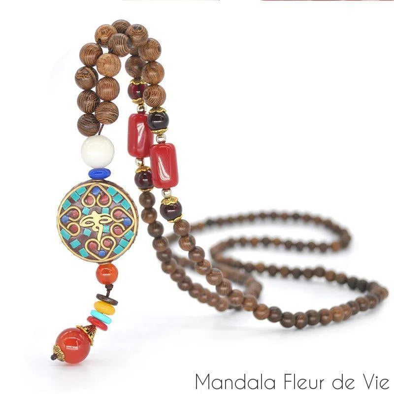 Collier Mala Bouddhiste Tibétain en perles de bois - Mandala Fleur de Vie Mandala Fleur de vie