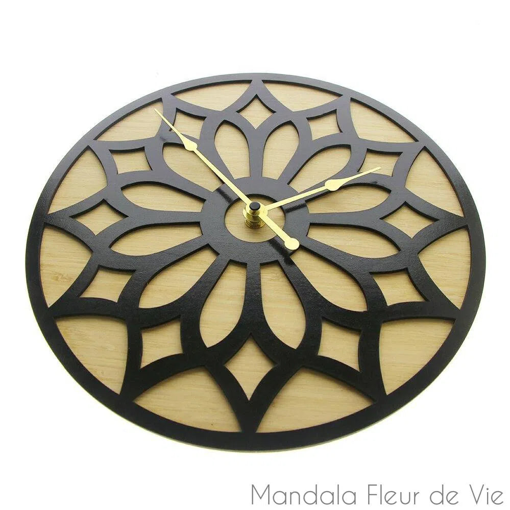 Horloge Murale Mandala Bois -Lotus - Mandala Fleur de vie