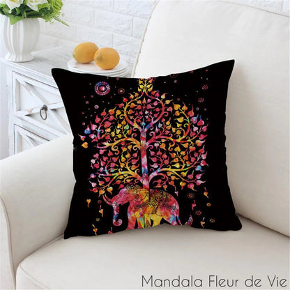 Housse de Coussin Mandala Éléphant Arbre de vie