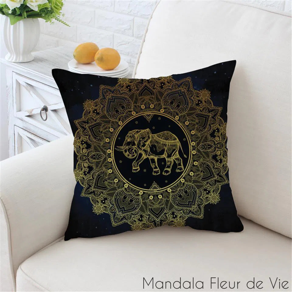 Housse de Coussin Mandala Eléphant Or