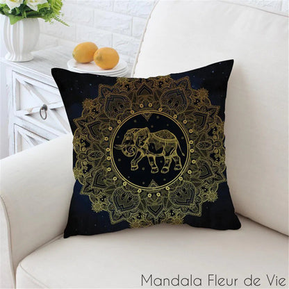 Housse de Coussin Mandala Eléphant Or