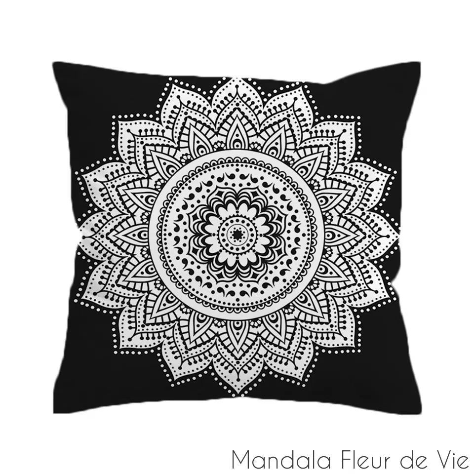 Housse de coussin imprimée <br> Mandala Fleur Noir & Blanc Mandala Fleur de vie