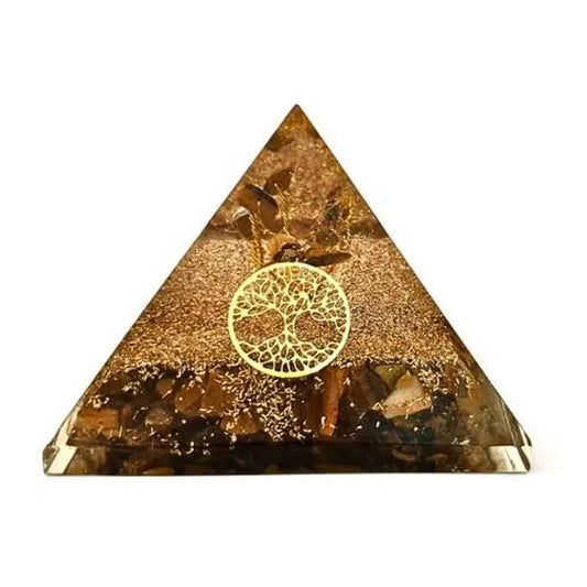 Orgonite Pyramide Arbre de Vie - Œil de Tigre Mandala Fleur de vie