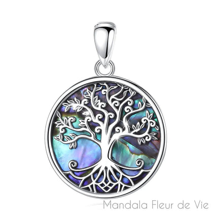 Pendentif Arbre de Vie Argent et nacre - Mandala Fleur de vie