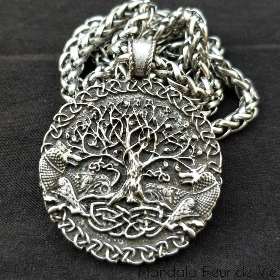 Pendentif Arbre de Vie & Couple de Loups Mandala Fleur de vie