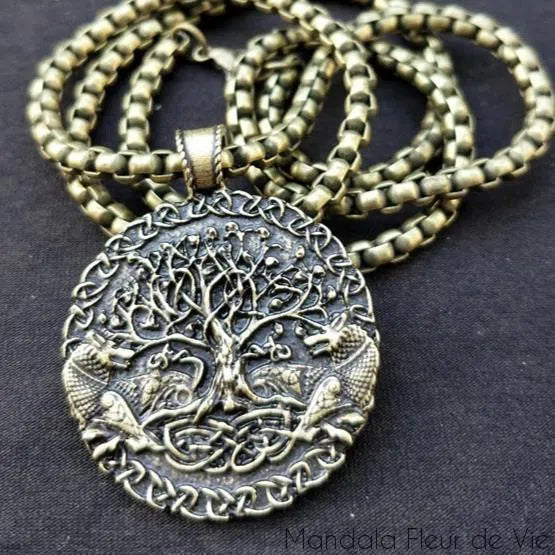 Pendentif Arbre de Vie & Couple de Loups Mandala Fleur de vie