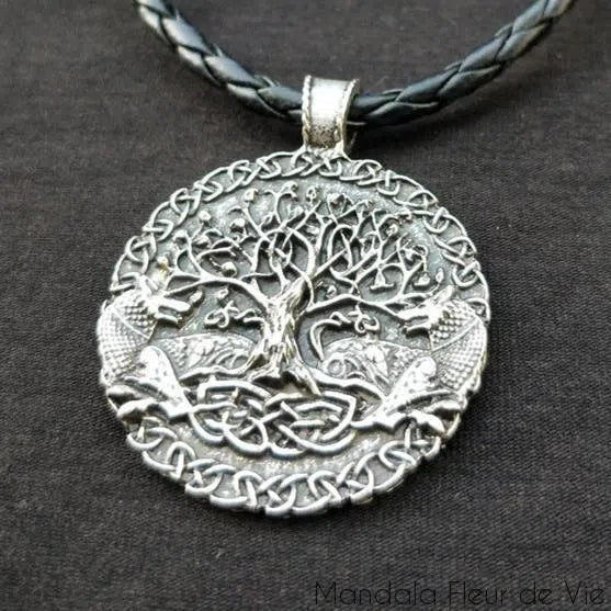 Pendentif Arbre de Vie & Couple de Loups Mandala Fleur de vie