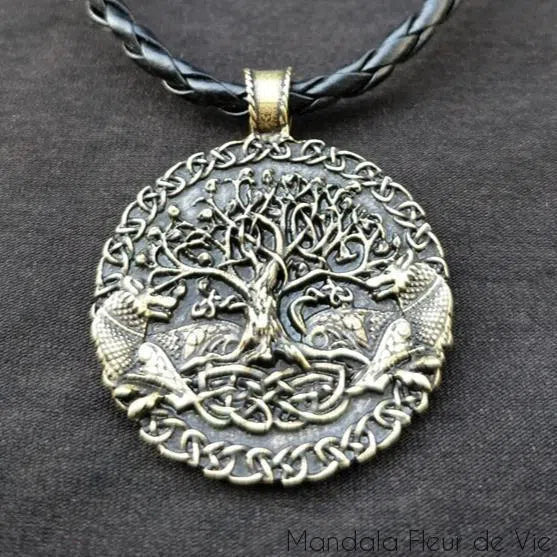 Pendentif Arbre de Vie & Couple de Loups Mandala Fleur de vie