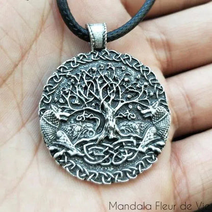 Pendentif Arbre de Vie & Couple de Loups Mandala Fleur de vie