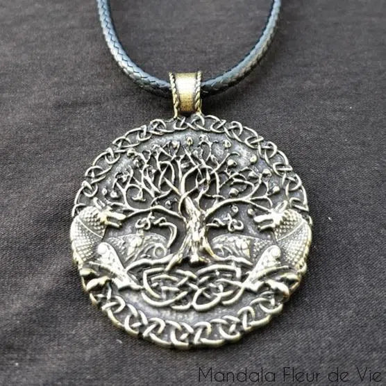 Pendentif Arbre de Vie & Couple de Loups Mandala Fleur de vie