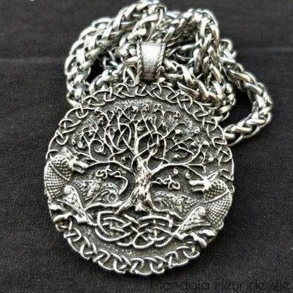 Pendentif Arbre de Vie & Couple de Loups Mandala Fleur de vie