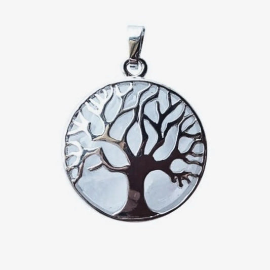 Pendentif Arbre de Vie avec pierre Cristal de Roche Mandala Fleur de vie