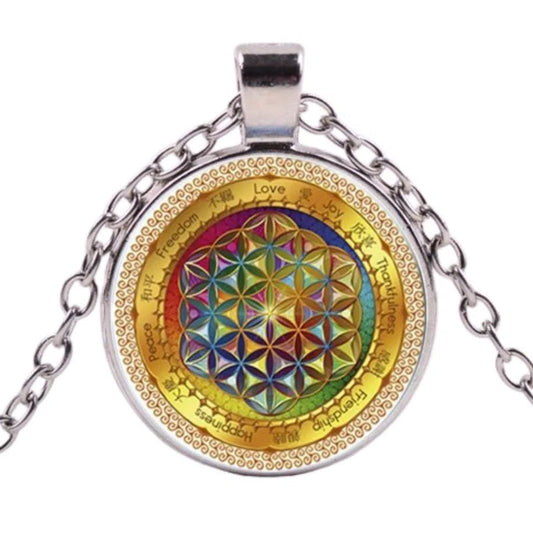 Pendentif Fleur de Vie Arc en Ciel Mandala Fleur de vie