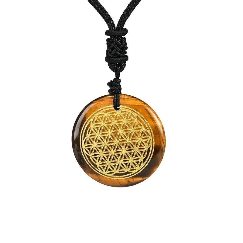 Pendentif Fleur de Vie Pierre- Œil de Tigre - Mandala Fleur de vie