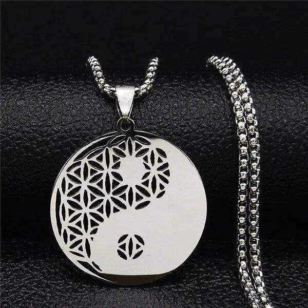 Pendentif Fleur de Vie<br> Yin Yang (acier) Mandala Fleur de vie