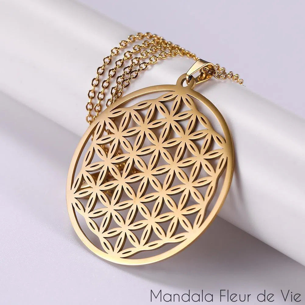 Pendentif Fleur de Vie<br>Couleur Or-37mm Mandala Fleur de vie