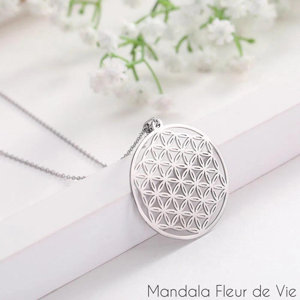 Pendentif Fleur de Vie<br>Couleur argent-30mm Mandala Fleur de vie