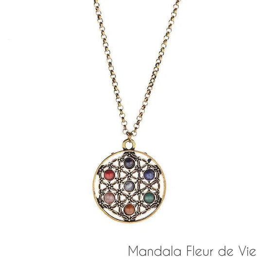 Pendentif Fleur de vie avec pierres Chakras Mandala Fleur de vie