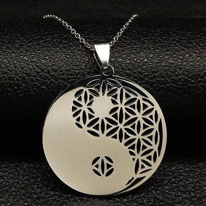 Pendentif Fleur de vie<br> Yin Yang (Acier) Mandala Fleur de vie