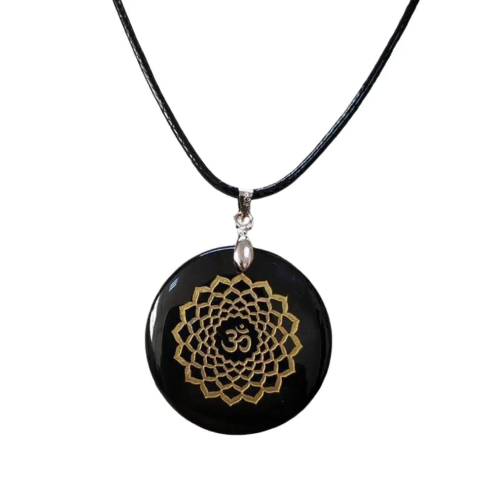 Pendentif Lotus Mandala Om en Obsidienne Naturelle Mandala Fleur de vie