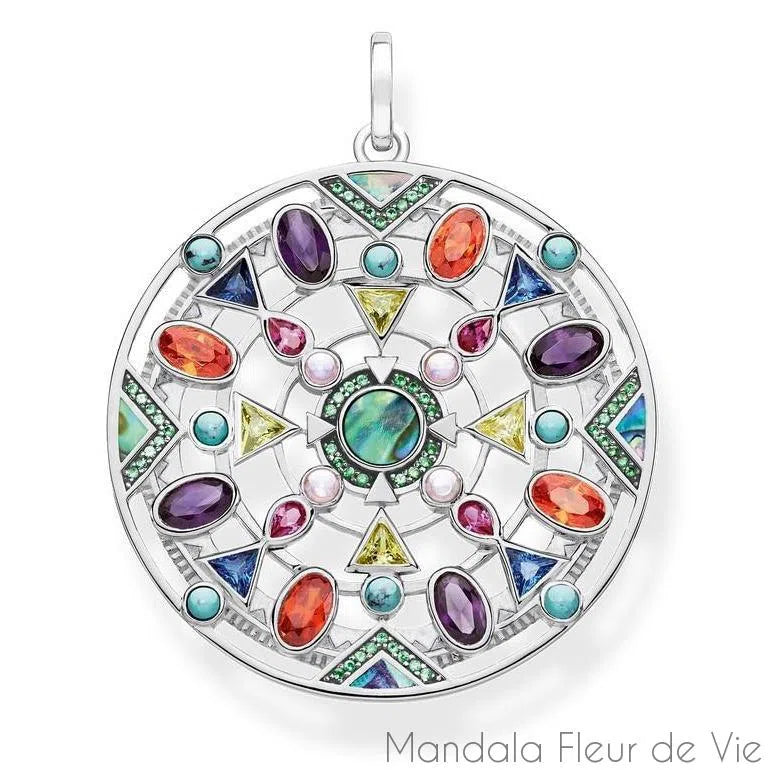 Pendentif Mandala Cristaux Couleurs en argent