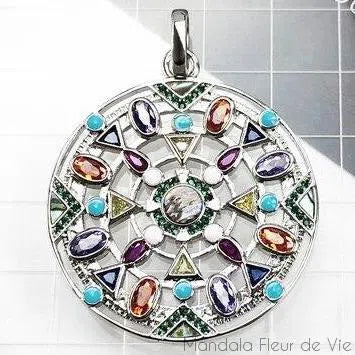 Pendentif Mandala Cristaux Couleurs en argent