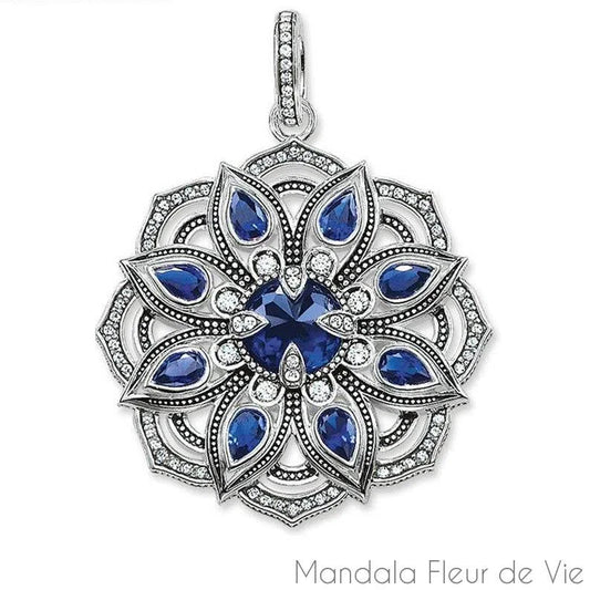 Pendentif Mandala Lotus Bleu en Argent