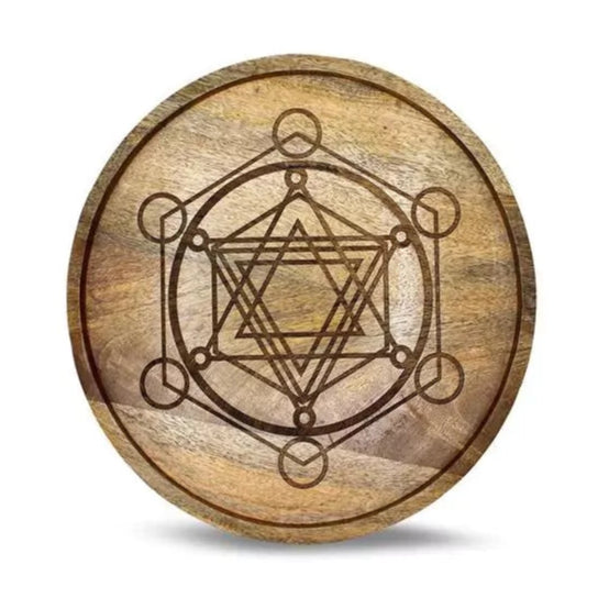 Plateau bois de manguier 30 cm gravure Cube de Métatron