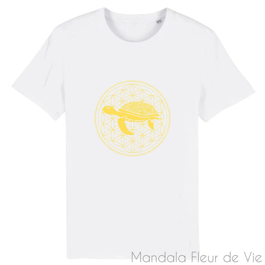 T Shirt en Coton Bio Mandala Fleur de Vie Tortue Jaune Or